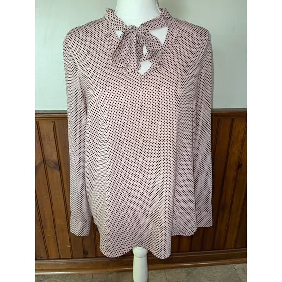 Womens Adrianna Papell Blush Pink Black Polkda Dot Tie Neck Long Sleeve Blouse M - Picture 1 of 8